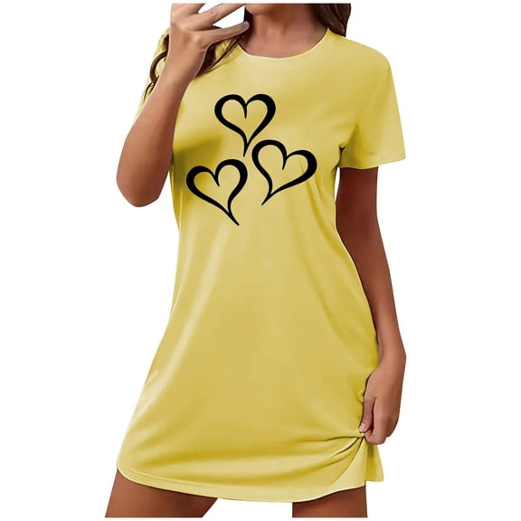 biudgviw Valentines Women's Nightgown Short Sleeve Nightdress Casual Heart Print Sleepwear Soft Crewneck Pajama Dress S-XXL