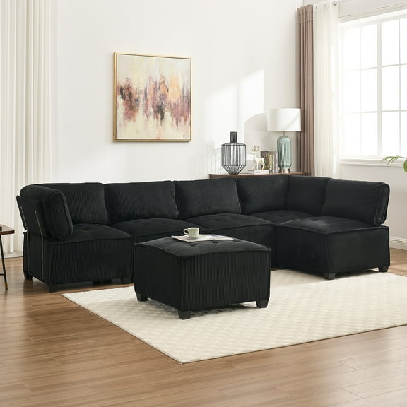 MOONMISS U-Shaped Corduroy Upholstered 6-Seat Convertible Modular Sectional Sofa Fit for Living Room-Black