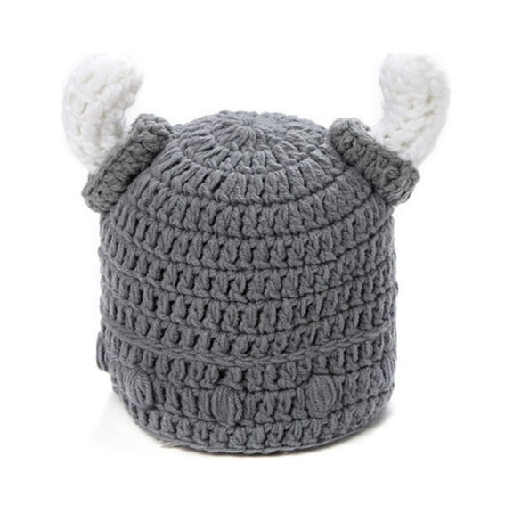 HONMEET Handmade Knitted Viking Bull Horn Hat for Toddlers, Grey Crochet Beanie, 1 Set Cozy Winter Headwear