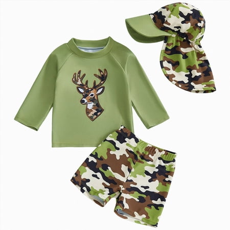 Linfrsh Toddler Long Sleeved Rashguard Swim Bathing Suit and Sun Hat Set(Green 2-3 Years)