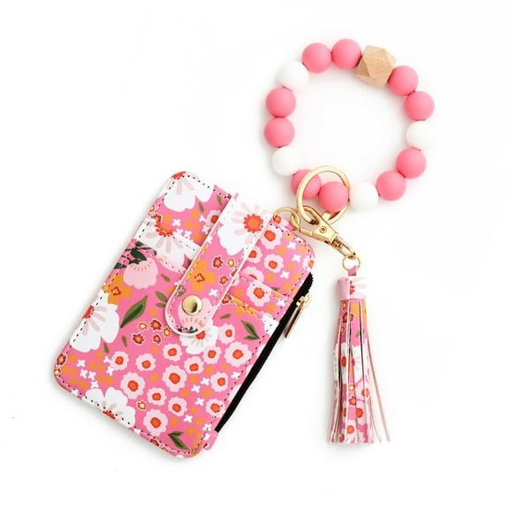 Flower Keychain Wristlet Wallets for Women Cute Boho Silicone Beaded Credit Card Holder Key Ring Bracelet Wallet