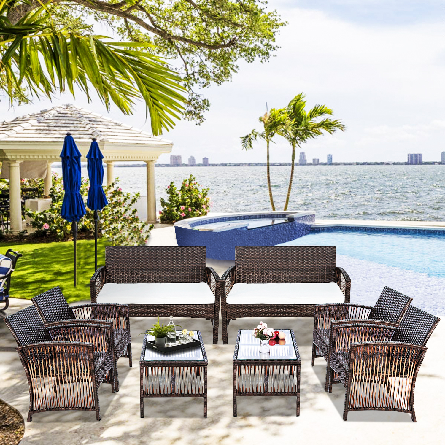 Balcony Outdoor Furniture Sets, 4 Pieces Conversation Chair Wicker Set