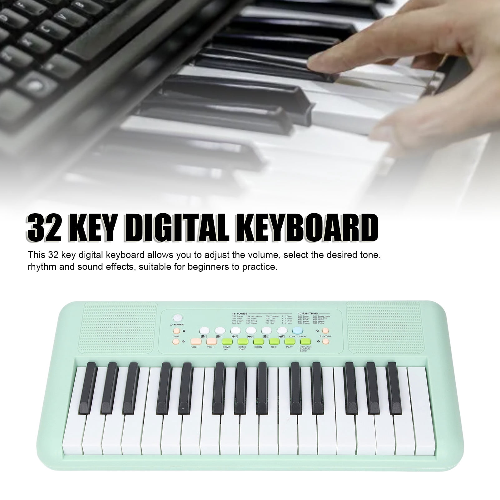 YAHHU 32 Key Electronic Keyboard Piano with Microphone 16 Tones 10 Rhythms Dual Speakers Battery Powered for Beginners Kids Avocado Green (17.32 inches / 44 cm)