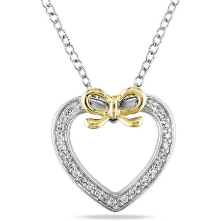 Miabella 1/8 Carat T.W. Diamond Two-Tone Sterling Silver Bow-Heart Pendant, 18