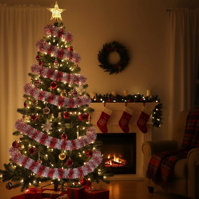 Árbol de Navidad de Lana a Rayas de Colores de 7,5 Pies, Decoración Festiva para Interiores, Fiestas En Casa y Oficinas.