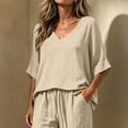 thumbnail image 6 of CYMMPU Women's Summer Linen Blend 2-Piece Outfit, V-Neck 3/4 Sleeve Top with Drawstring Pants, Casual Loungewear Set Beige S, 6 of 7