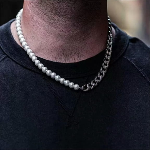 GKNET Men's Silver Pearl Cuban Link Chain Necklace Punk Biker Delicate Jewelry Stainless Steel