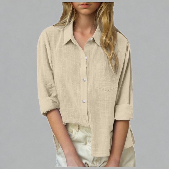 Krdevn Girls Linen Button Down Shirts Long Sleeve Pocketed Loose Fit Lightweight Casual Tops for Spring Summer,11-12 Years