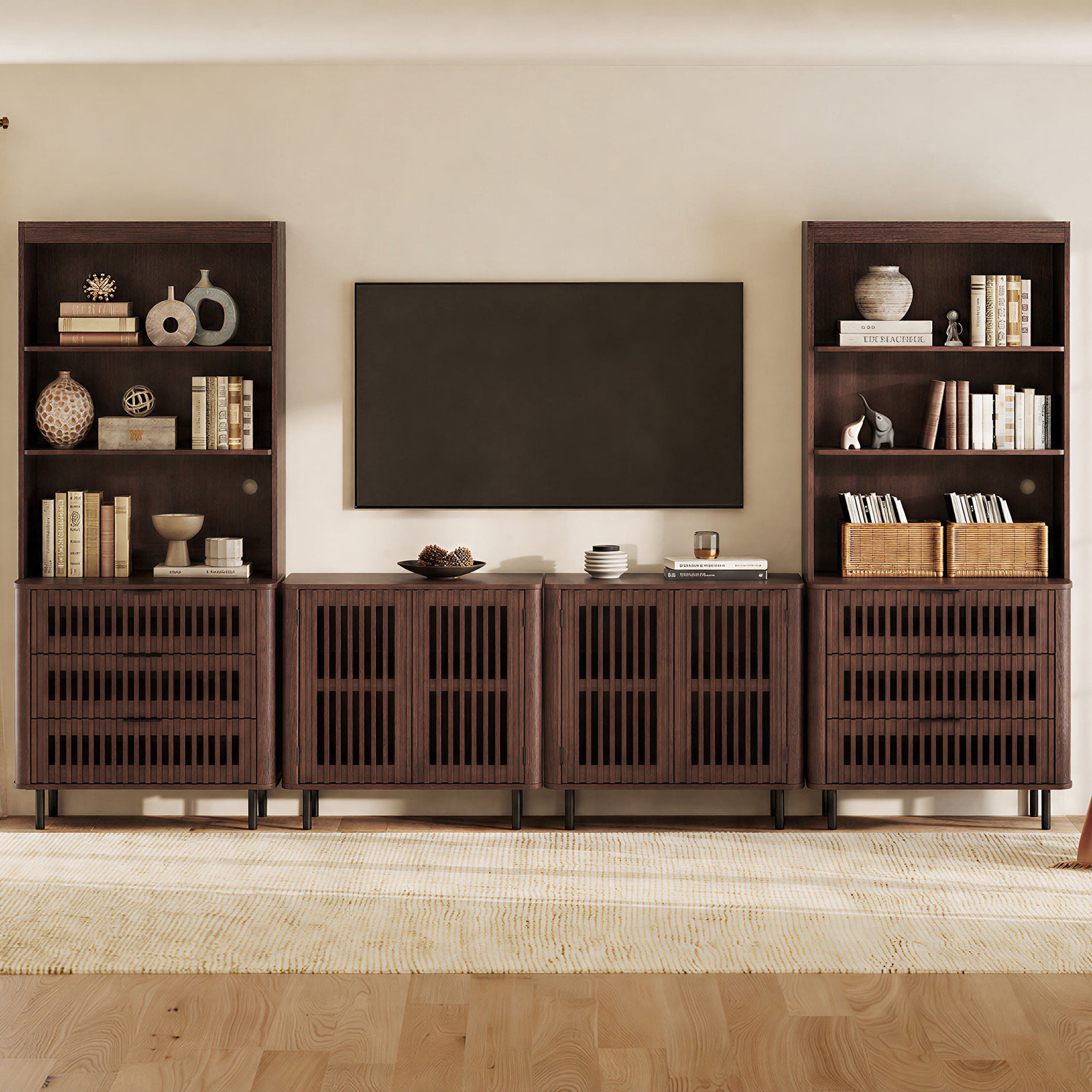 WAMPAT 72.8" Tall Bookshelf with Doors and Drawers, Modern Bookcase with Storage, Adjustable Shelves, Wood Storage Cabinet, Walnut