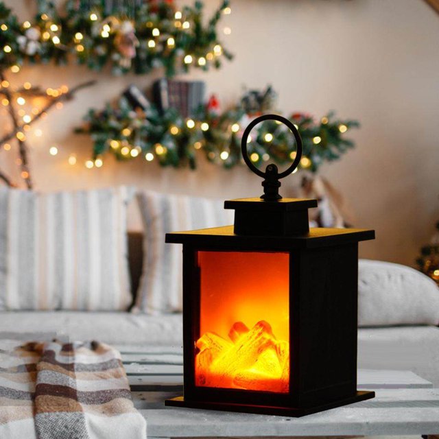 pitrice Portable LED Fireplace Lantern Indoor Fireplace Lanterns Battery Flamless Log Fire Effect Fireplace Lanterns Battery Powered Lamp for Home Garden S Square