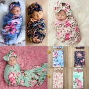 2PCS Infant Floral Swaddle Wrap Emmailloter Sac de Couchage Couverture Bandeau Ensemble
