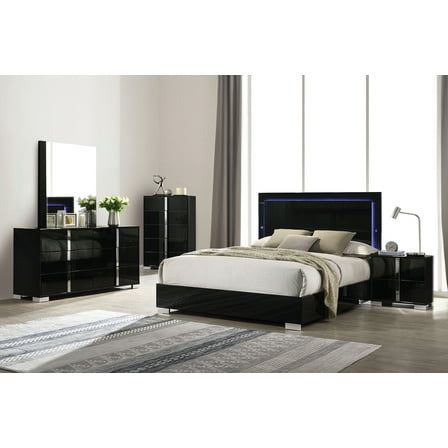 Black Queen Size Bed 6pc Set Bed w LED Dresser Mirror Nightstands Chest Chrome Legs Bedroom Furniture