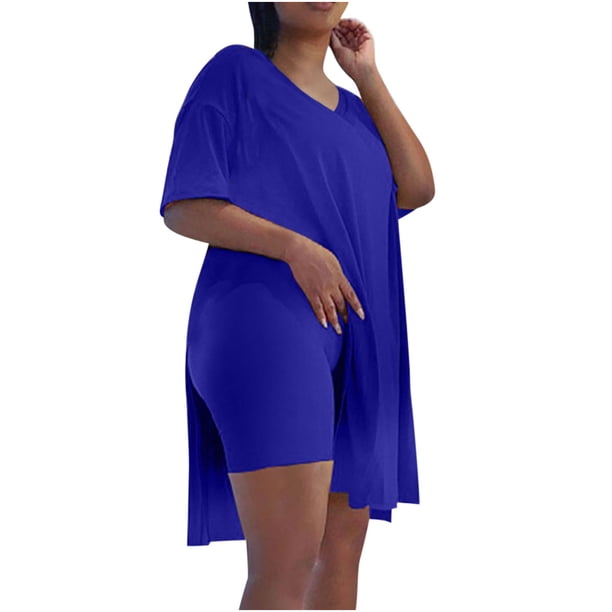 Mujeres Casual Tallas grandes Trajes de 2 piezas Manga corta Tops sueltos Flacos con cuello en V Biker Shorts Conjuntos Chándales Pompotops qwe22876