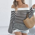 thumbnail image 7 of LEKWK Off Shoulder Tops for Women Hollow Out Long Sleeve Tops Boat Neck Knitted Tops White Striped Crochet Sweater Tops, 7 of 7