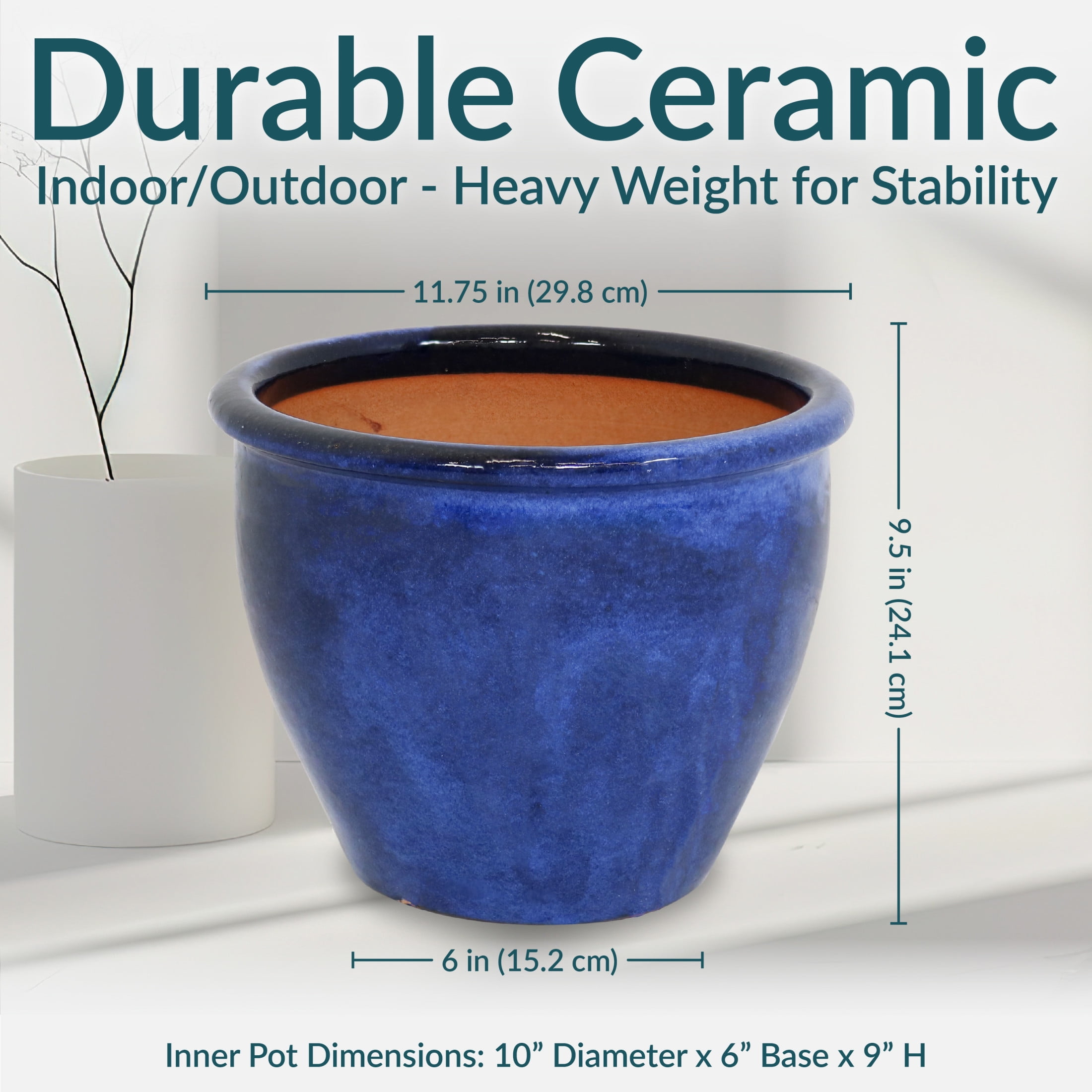 Sunnydaze Chalet 11.75" x 11.75" x 9.5" Round Imperial Blue Ceramic Outdoor Planter 2-Count