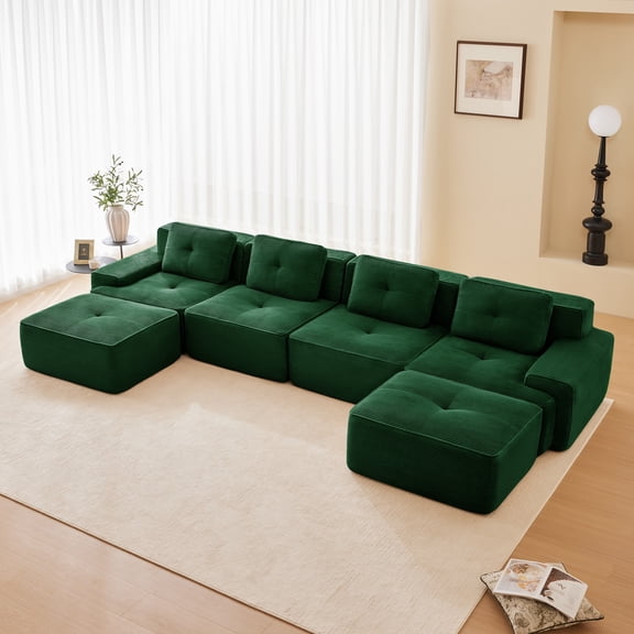 153" Modern U-Shaped Modular Sectional Sofa for Living Room, Corduroy Fabric, 4-Seater Couch with Deep Seat 2-Movable Ottoman, Pearl-like Piping, Tufted Design, No Assembly, Anti-slip Design​ (Green)