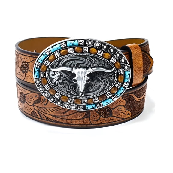 TELOLY Western Belt for Women Men Cowboys Cowgirls Carving Leather Country Belts Bullhead Buckles