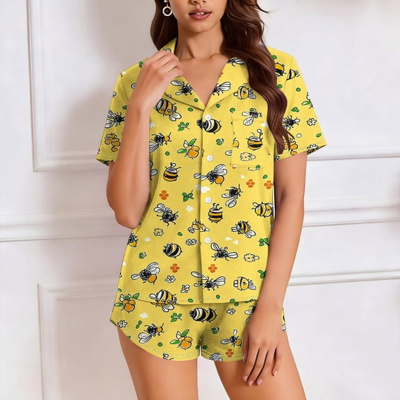 Wovilon Women's 2-Piece Short Sleeve Button Down Set, Cute Bee Print Casual Summer Matching Shirt and Shorts for Vacation and Daily Wear