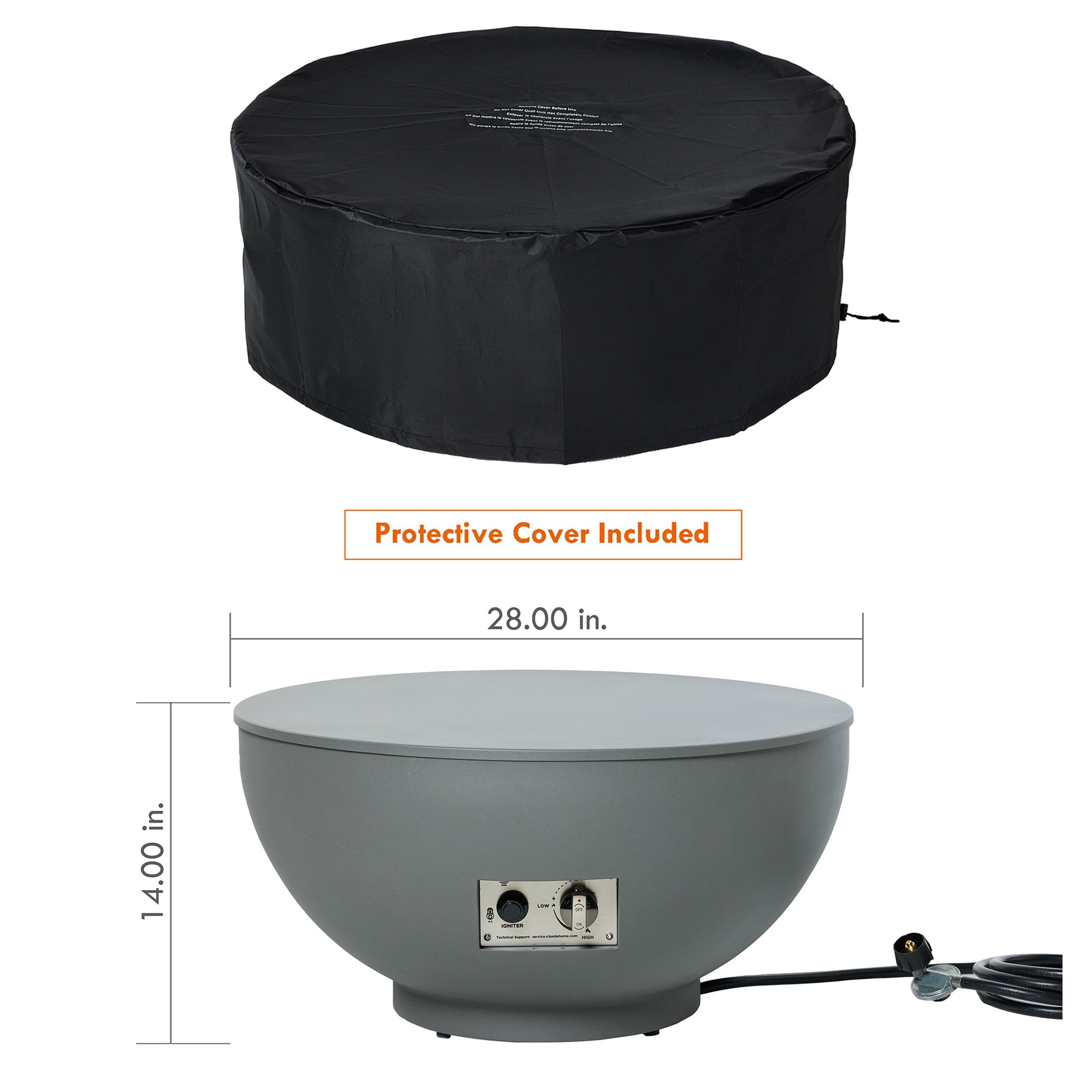 BAIDE HOME 28-inch Propane Fire Pit Table, 58,000 BTU Fire Bowl with Lid, Lava rocks, Cover, pre-attached 10 ft hose, Outdoor Patio Backyard Gas Table