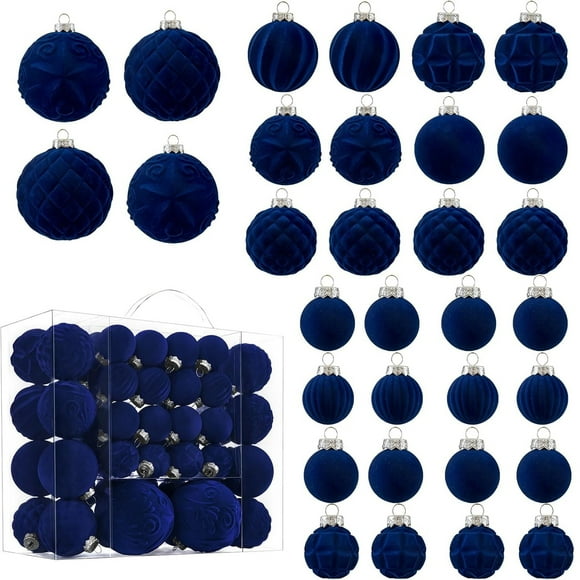 46Pcs Velvet Christmas Ball Ornaments, Flocked Christmas Tree Decorations Set ,Christmas Tree Ball Ornaments,Assorted Shatterproof Hanging Ornaments With Loop For Xmas Holiday Home Decor,Navy Blue