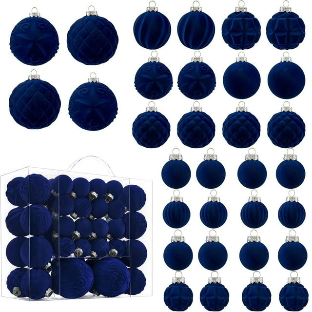 Velvet Valentines Day Gift Ornaments 46Pcs Flocked Tree Decorations Hanging Ornaments Assorted Navy Blue Holiday Balls Xmas Home Decor Set for Valentines Tree Valentines Decor Fall Decor Valentines D