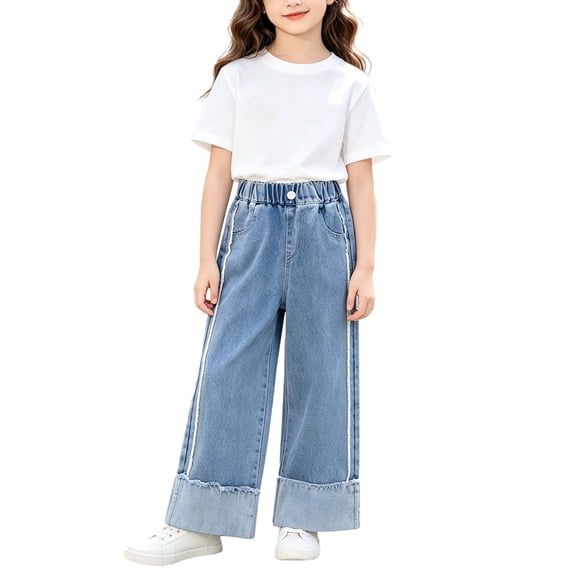 EnJoCho Girls Cuffed Hem Jeans Baggy Straight Wide Leg Denim Pants Casual Fashion High Waist Trouser Y2𝗄 Fall Junior Trouser Girls High Waist Wide Leg Jeans
