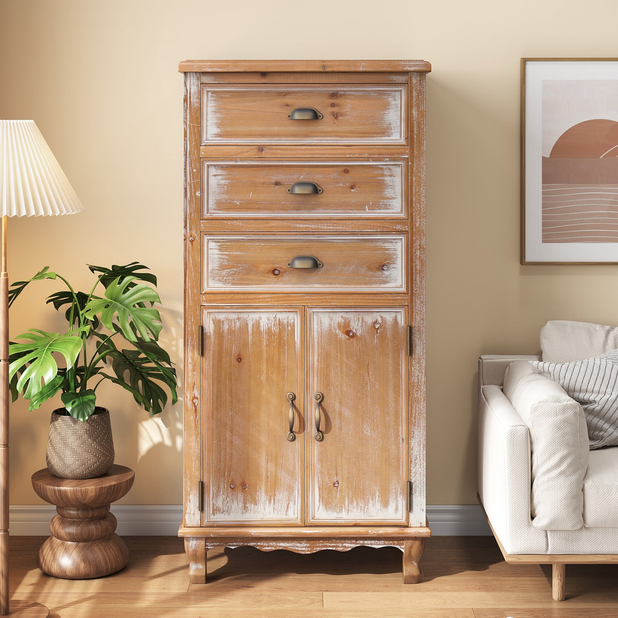 AENKYO 51" Rustic Wood Storage Cabinet with 3 Drawers, Tall Farmhouse Accent Chest for Small Spaces, Natural Wood