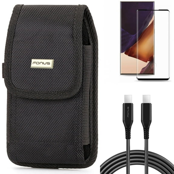 Case Belt Clip & Screen Protector & 10ft Long USB-C Cable for Samsung Galaxy Note 20 Ultra (6.9") - Combo with Rugged Holster & Tempered Glass (Fingerprint Unlock) & PD Fast Charger Cord Power