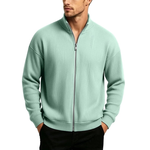WRKEKC Light Jackets for Men Solid Vertical Rib Stand Collar Full Zip Long Sleeve Loose Fit Casual Outer Shacket Tops