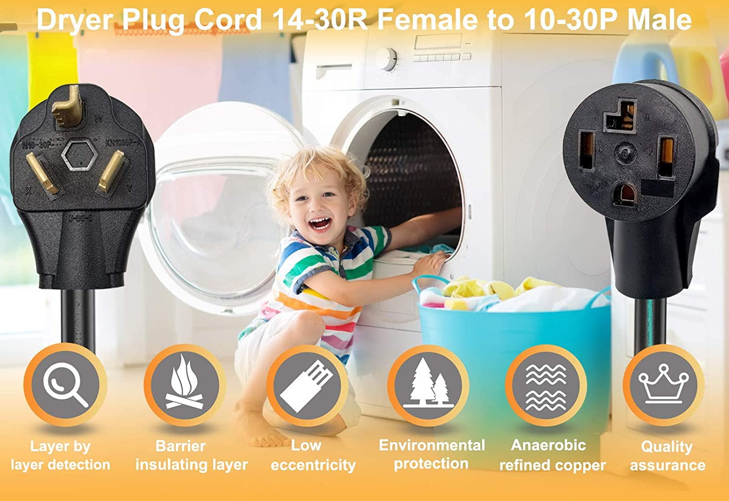 Dryer Adapter Cord, 4 Prong to 3 Prong Dryer Adapter Cord Convert 4 Prong Dryer Plug to 3 Prong Wall Outlet, Nema 10-30P Male to 14-30R Female with Safety Ground Wire, 1.5FT STW 10AWG 30Amp 110V/250V