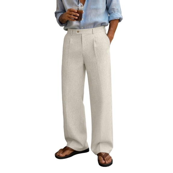 FEDTOSING Mens Linen Casual Pleated Dress Pants Old Money Wide Leg Baggy Relaxed Fit Trousers