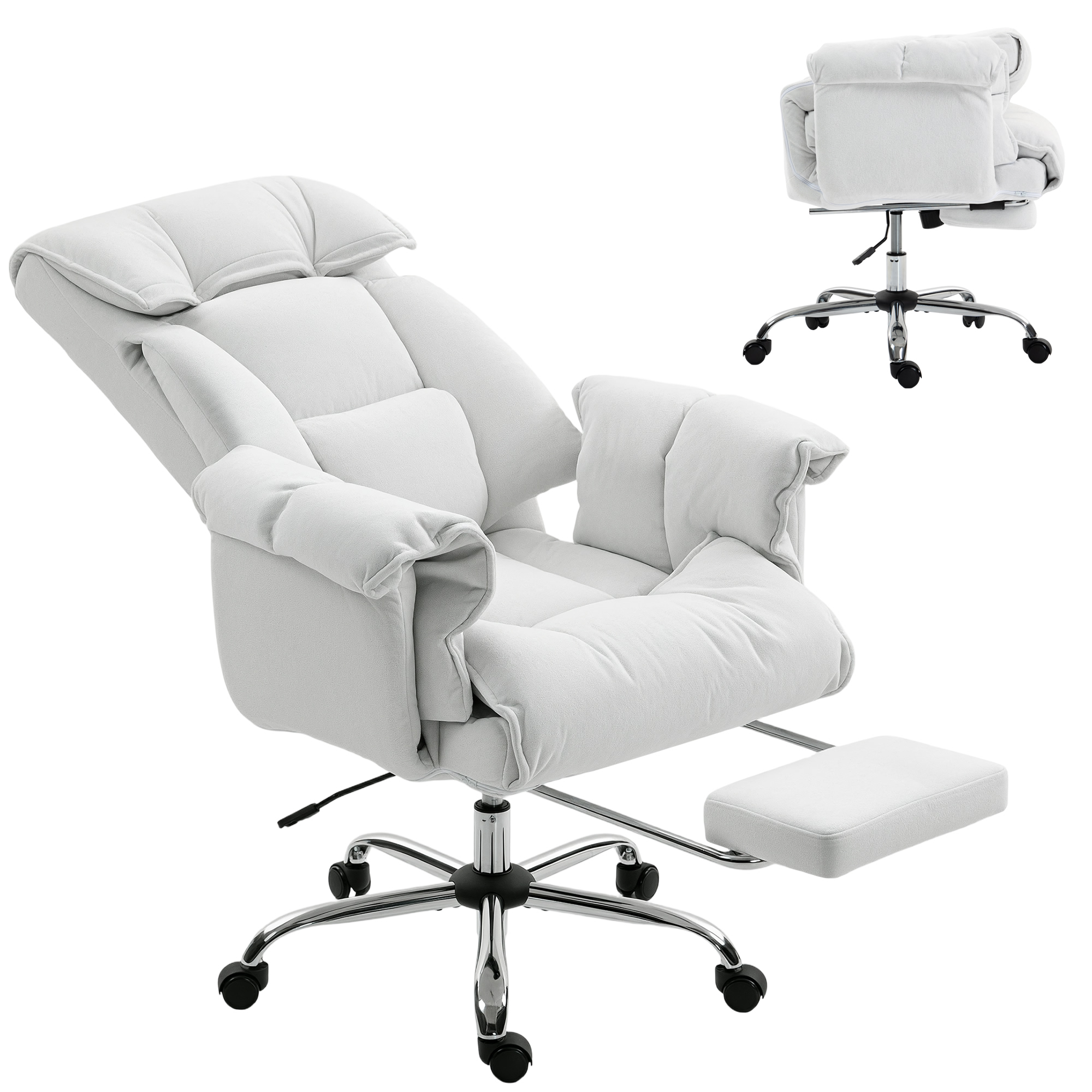 HOMCOM High Back Office Chair, Reclining Desk Chair with Footrest, Thick Cushion, High Resilience Foam, Adjustable Height, Rolling Wheels, Cream White