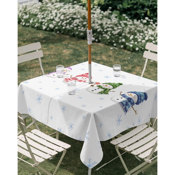 Outdoor Tablecloth with Umbrella Hole, Winter Snowmen Snowflake Seamless Zippered Table Cloth for Rectangle Tables, Christmas Tree Xmas Theme Washable Waterproof Tablecloths for Picnic Patio Garden