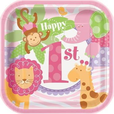 7" Square Pink Safari 1st Birthday Paper Dessert Plates, 10ct