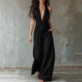 thumbnail image 4 of IUYRTFE Women's Sleeveless Halter Neck Tie Waist Wide Leg Jumpsuit with Pockets Casual Long One Piece Romper, 4 of 7