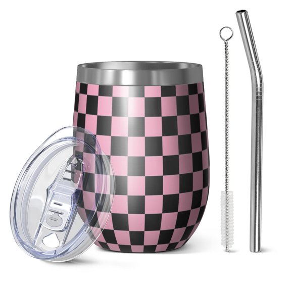 12oz Stemless Wine Tumblers Black and Pink Checkerboard Pattern Vacuum Insulated Stainless Steel Travel Tumbler Cups Mug with Lid and Straw for Champaign,Cocktail,Beer with Cleaning Brush
