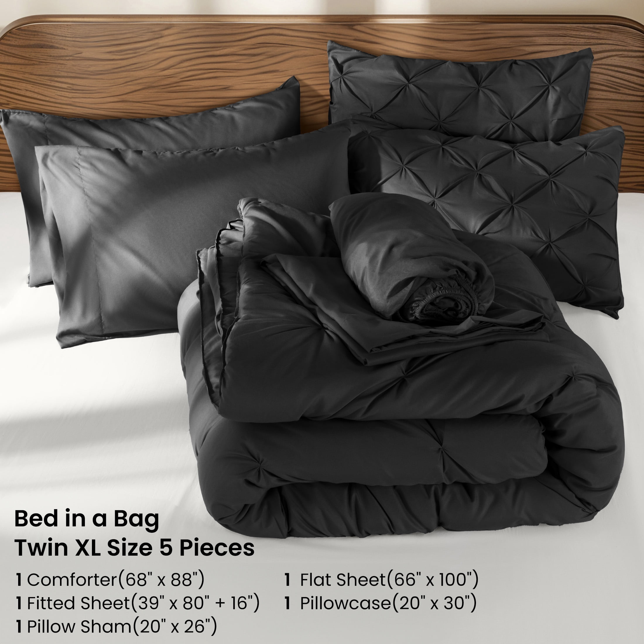SONORO KATE Twin XL Comforter Set, 5 Pieces Bedding Sets for All Season, Bed in a Bag with Pleated Comforter - Flat Sheet & Fitted Sheet - Pillowcases & Shams, Black