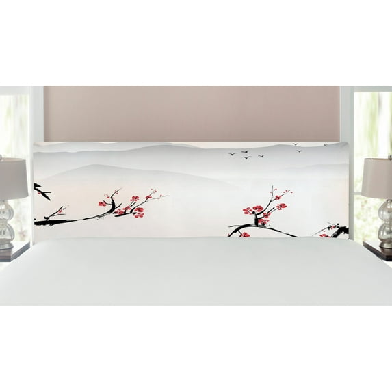 East Headboard, Japanese Nature Landscape National Sakura Flower over Himalayas and Flying Gulls, Upholstered Decorative Metal Bed Headboard with Memory Foam, King Size, Beige Red Black, by Ambesonne