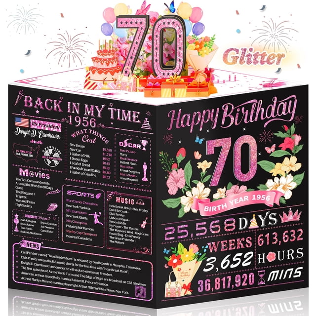Tarjeta pop-up de 70.º cumpleaños OLOSONG con brillo rosa dorado