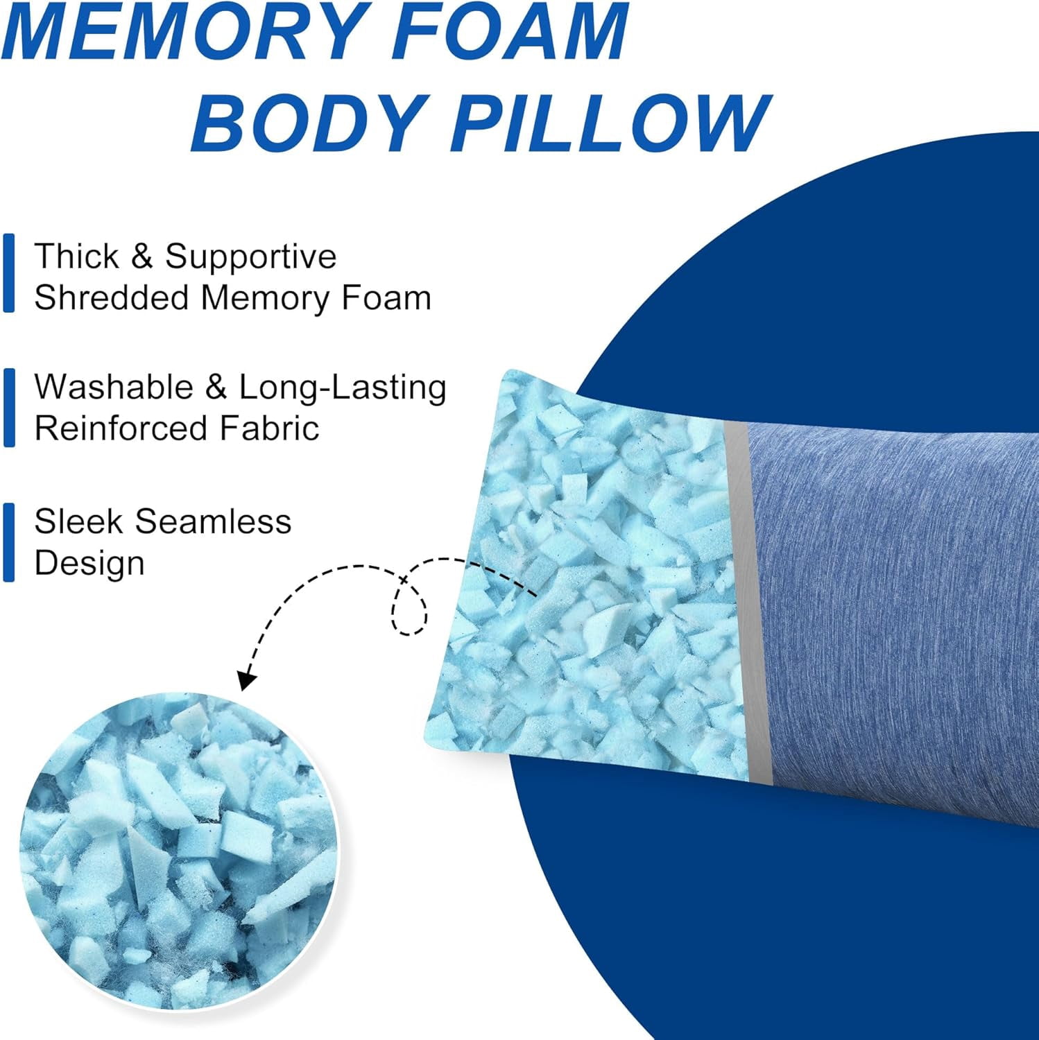 XWZO Long Bed Pillow 1 Piece, Soft & Fluffy Cooling Body Pillow for Side Sleepers, Breathable Shredded Memory Foam Pillow for Summer, 20 x 60 Inches, Blue