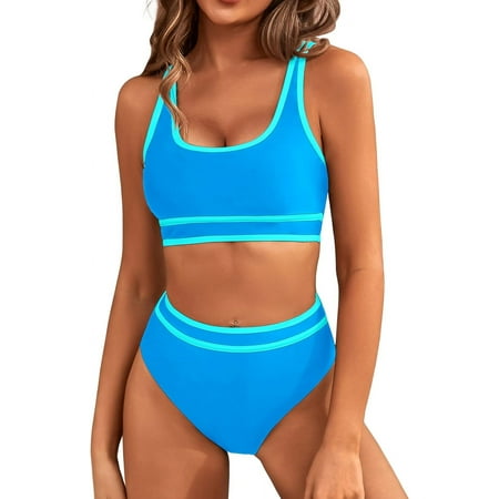 Women s High Waisted Bikini Sets Sporty Two Piece Swimsuits Color Block Cheeky High Cut Bathing Suits