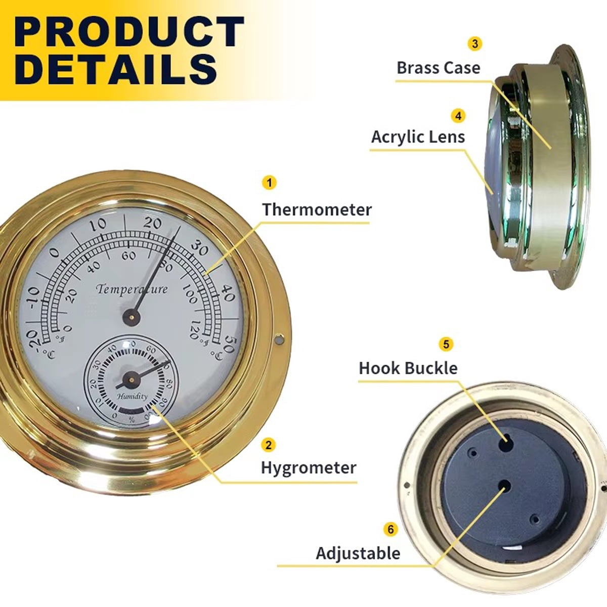 4-inch Dial Retro Brass Case Thermometer Hygrometer 0°F - 120°F Indoor Outdoor Wall Mounted Humidity Meter