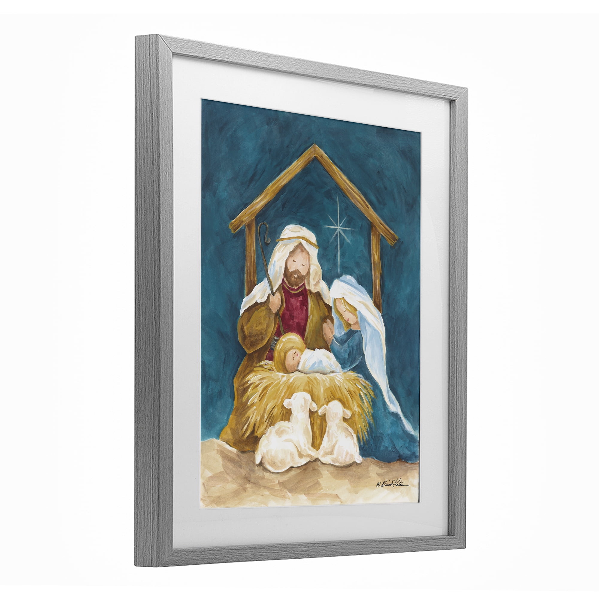 Comforting Nativity Painting Gray Framed Print Under Glass, design by Diane Kater