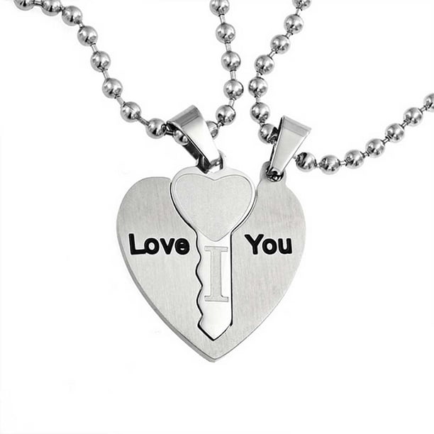 I LOVE YOU Couples Heart Key Puzzle Pendant Necklace Stainless Steel