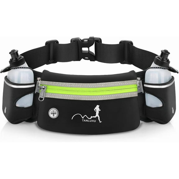 Hydration Running Belt with Water Bottles(2 x 300ML), Upgraded Nylon Webbing Running Waist Bag Reflective Bum Bag Adjustable Sports Waist Pouch for Marathon Running Hiking Camping Jogging