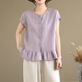 thumbnail image 6 of FRSASU Womens Ruffle Hem Shirts Short Sleeve Peplum Cardigans Crew Neck Button Cotton Linen Tops Purple, 6 of 9