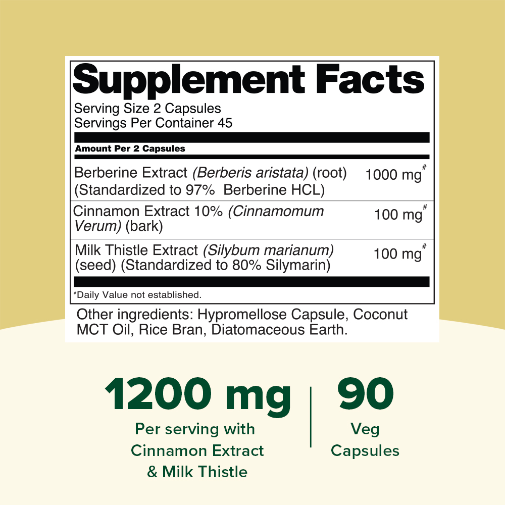 VAHDAM Berberine 97% HCL 1200mg Extract with Cinnamon and Milk Thistle | Supports Heart Health and Helps Maintain Healthy Cholesterol & Glucose Metabolism | 90 Veg Capsules