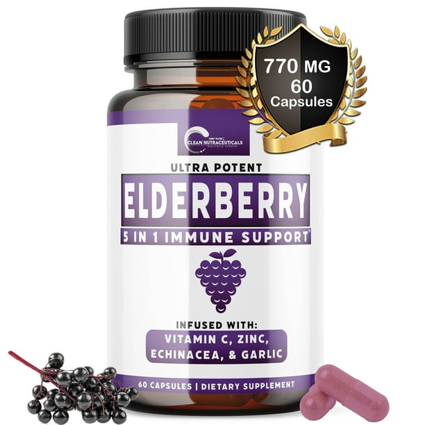 Elderberry Capsules Immune Support Supplement Zinc, Vitamin C, Garlic