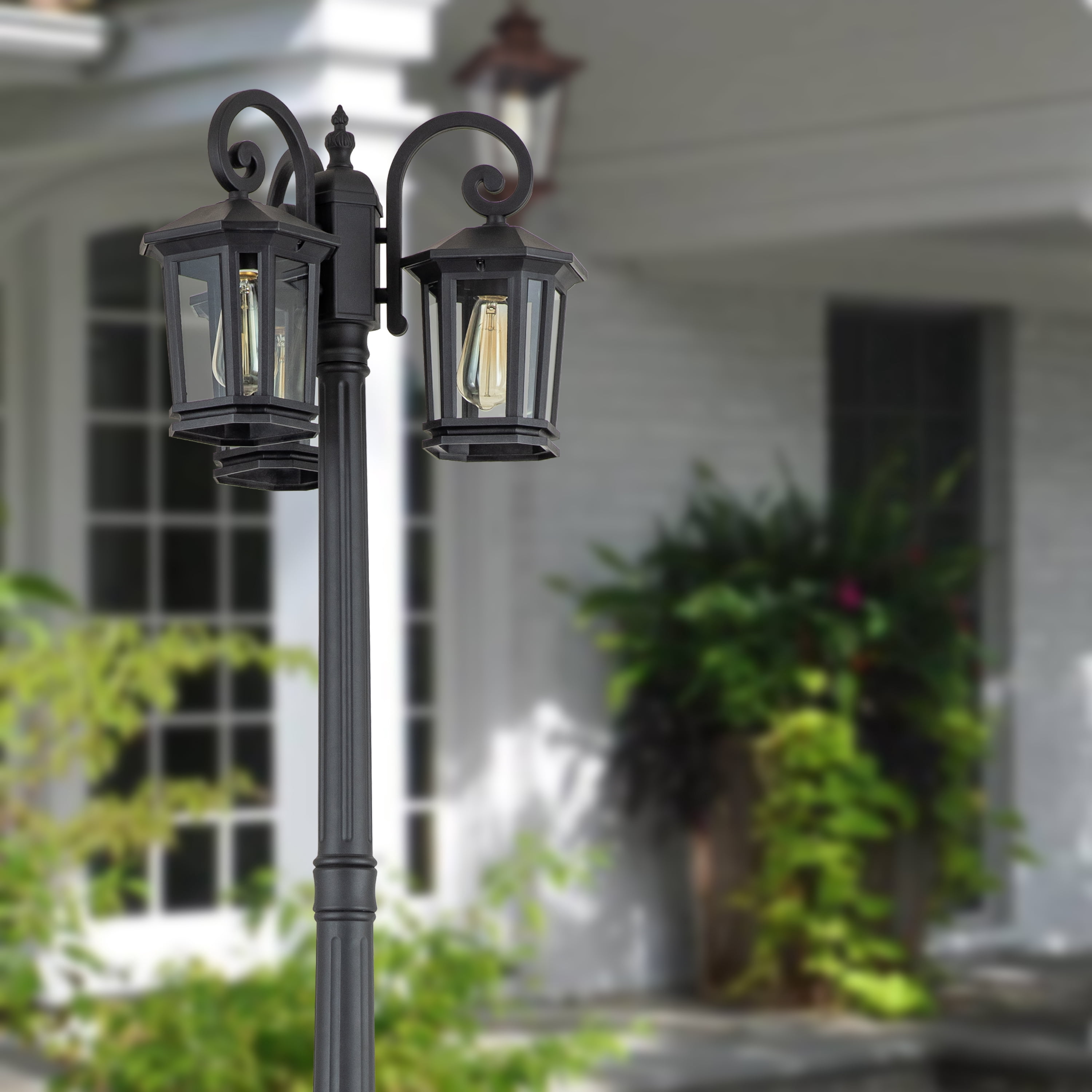 C Cattleya 76 in. 3-Head Black Outdoor Post Light with Clear Tempered Glass(E26)
