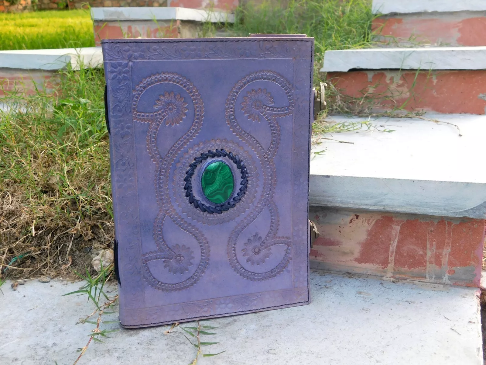 Handcrafted Embossed Design Vintage Leather Bound Journal Diary Malachite Stone Blank Notebook For Men & Women